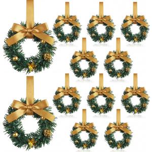 Zeyune 12 Pcs Small Christmas Wreaths for Kitchen Cabinets with Bow Ribbon Mini Cabinet Door Wreath Set Hanging Christmas Decor for Kitchen Window Outdoor Indoor, 14.96 x 7.87''(Gold Bow)
