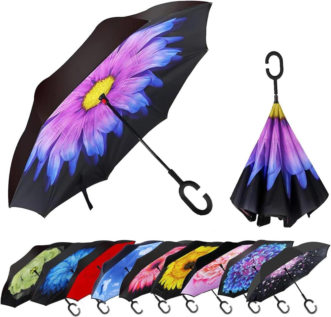 MRTLLOA 49 Inch Oversize Windproof Inverted Reverse Upside Down Umbrella, Golf Size Rain Umbrella, Double Layer, C-Shaped Handle for Men, Women and Kids (N-Glaze Flower)