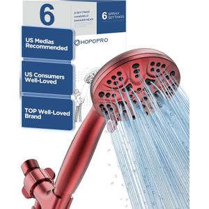 6-Mode High Pressure Handheld Shower Head Set, Consumer Reports Recommended HOPOPRO High Flow Hand Held Showerhead with 59 Inch Hose Bracket Teflon Tape Rubber Washers (Red)