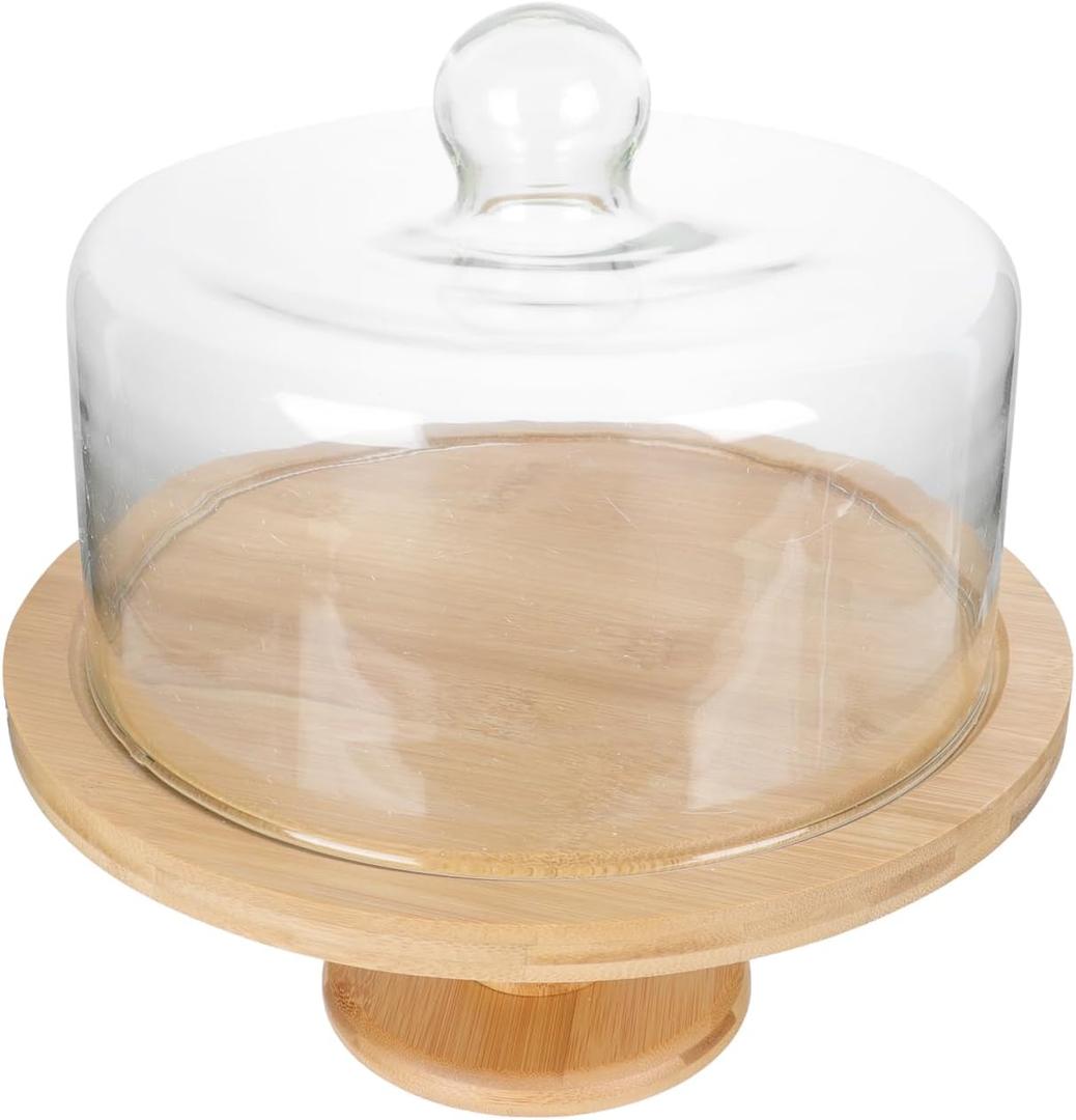 Wood Cake Stand Footed Round Wood Server Cake Stand with Glass Dome Rustic Party Tray Dessert Cupcake Plate for Wedding Christmas Birthday Party Graduation