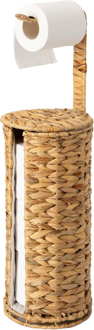 StorageWorks Wicker Water Hyacinth Freestanding Toilet Paper Holder Stand with Storage, Farmhouse Covered Toilet Paper Stand for 4 Rolls with Cloth Lining, Tissue Holder for Bathroom Decor with Shelf