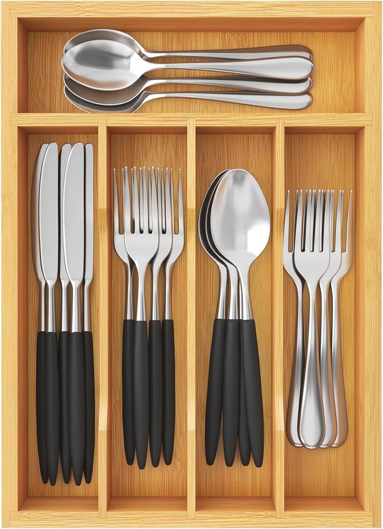 Lifewit Silverware Drawer Organizer Tray, Bamboo Cutlery Storage for Kitchen Drawer, 5 Compartment Flatware and Utensil Holder Divider for Spoons Forks Knives Tableware, Natural (9.1''W x 12.6''D)