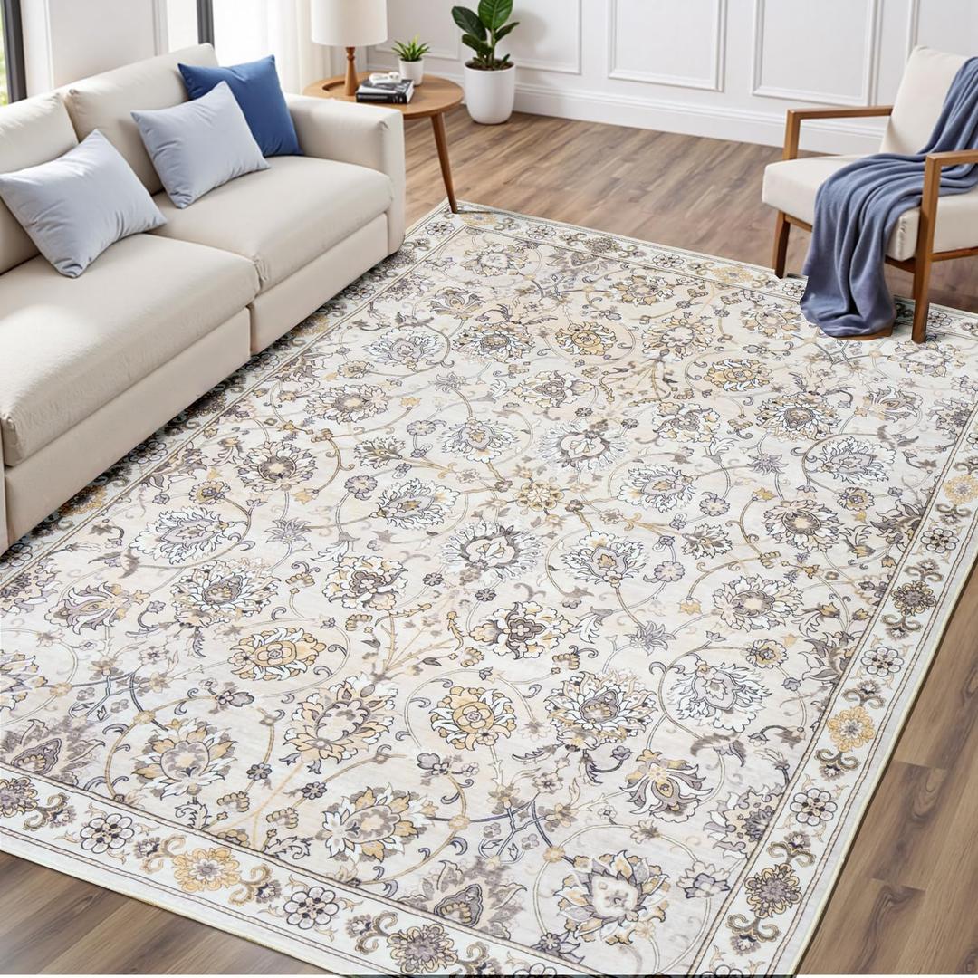 Washable Area Rug 5x7 for Living Room & Bedroom, Large Neutral Floral Rugs, Soft & Non Slip, Low Pile Wool Carpets for Indoor Under Table Dining Home Office Nursery Playroom, Beige