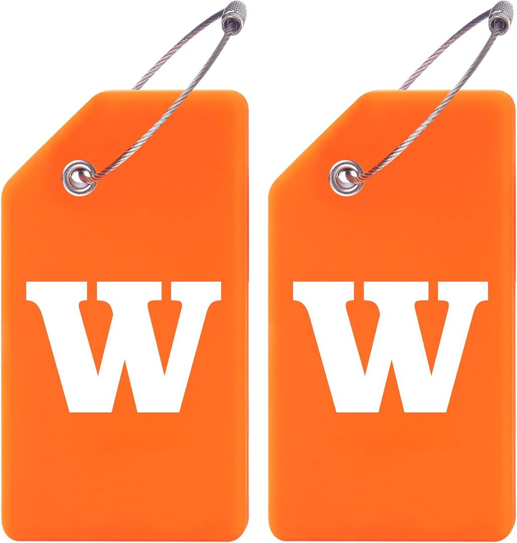 Gostwo 2 Pack Silicone Luggage Tags for Suitcases, 26 Initial Letter Baggage Labels Handbag School Bag Suitcase Instrument Tag with Stainless Steel Loop(Orange)(Letter W)