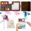 Mini Paint Palette Travel Kit - Mini Travel Watercolor Palette Set, Pocket Artist Water Color Travel Set with Colours, Watercolor Book, Binder Clips, Pens,Wooden Paint Box for Painters Artists Student (15 colors)