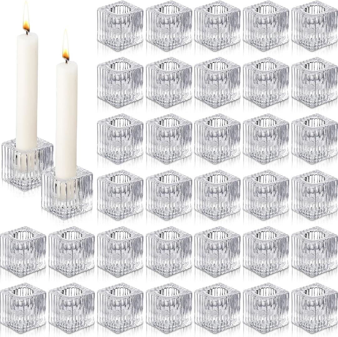 Hsei 36 Pcs Square Glass Taper Candle Holders Bulk 1.5 Inch Small Glass Candlestick Holders for 0.98 Inch Tapered Stick Candle for Wedding Table Centerpiece Decoration(Clear)
