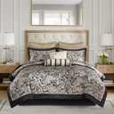 Madison Park Aubrey Cozy Comforter Set, Faux Silk Jacquard Paisley Design - All Season Down Alternative Bedding with Cotton Bed Sheets, Bed Skirt & Toss Pillows, King Black 12 Piece (Black Biab 12pcs)