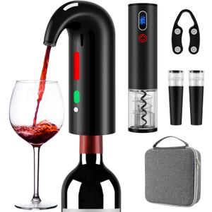 Wine Opener Valentines Day Gift Set with Electric Wine Bottle Opener, Wine Decanter&Wine Aerator and Pourer, wine stopper, Foil Cutter and EVA Storage Bag, Rechargeable and Automatic(Black) (Silk Anthracite)