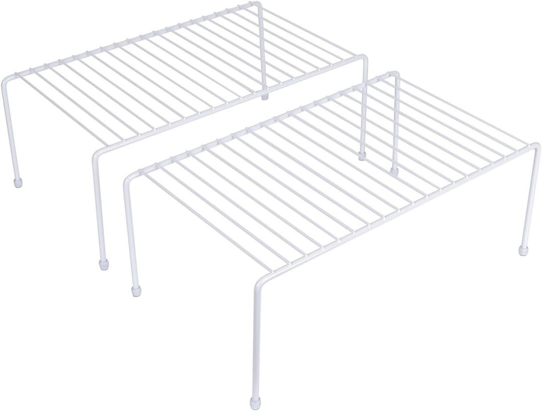 Kitchen Storage Shelf Rack w/Plastic Feet - Medium - Steel Metal - Rust Resistant Finish - Cups, Dishes, Cabinet & Pantry Organization - Kitchen 2 Pack (White)