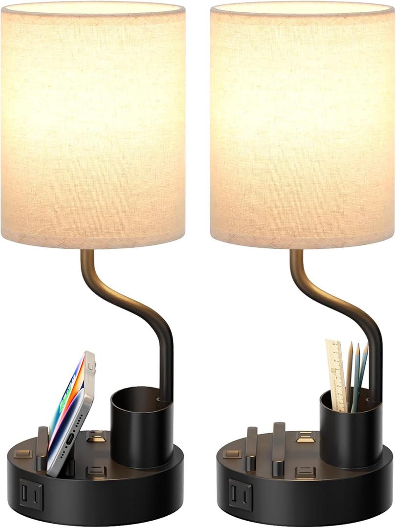 Bedside Table Lamps for Bedroom Set of 2 - Nightstand Light with AC Outlet and USB A & C for Charging, 3 Color Temperatures Desk Lamp with Pen Holder & Phone Stand for Living Room/Dorm/Office (Beige)