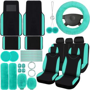 Woanger 47 Car Seat Cover Full Set for Women Included Car Front Rear Seat Fluffy Steering Wheel Cover Belt Automotive Floor Mats Air Conditioner Decoration Strip Universal(Mint Green)