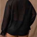 OYOANGLE Women's Plus Size Studded Ruffle Blouse Rave Tops Bishop Sleeve Deep V Neck Mesh Shirts (Black, 3XL)