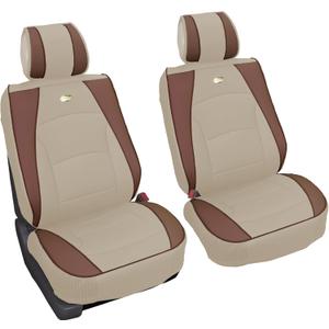 FH Group Front Set Faux Leather Car Seat Cover Cushions for Low Back Seat, Universal Fit, Airbag Compatible Seat Cover for SUV, Sedan, Van, Beige Tan