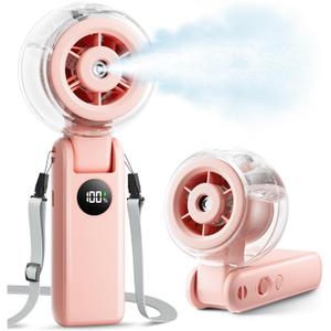 Portable Handheld Misting Fan, 4000mAh Rechargeable 3-in-1 Foldable Cooling Turbo Fan, 1-100 Stepless Speed with Water Spray & LED Display, Desk & Neck Personal Fan for Travel Beach Outdoor (Pink)