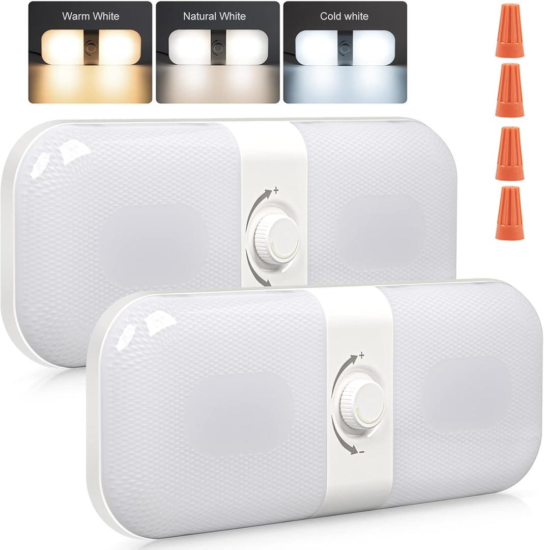 CT CAPETRONIX RV Lights Interior 1700LM, 3 Color TEM Camper Lights, Dimmable 12v Volt Led Lights Fixture, Ceiling Dome Light w Switch for Camper/Car/Trailer/Boat (Warm Cool Natural White) 2Pack