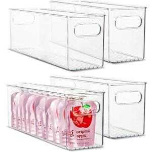 Plastic Food Storage 4 Pack Clear Container Bin with Handles for Organizing Kitchen, Pantry, Fridge, Freezer, Pantry,Bathroom. 16"x4"x5"