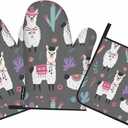 Alpaca Oven Mitts and Pot Holders Sets Lovely Animal Ethnic Style Heat Resistant 3pcs for Cooking Baking BBQ