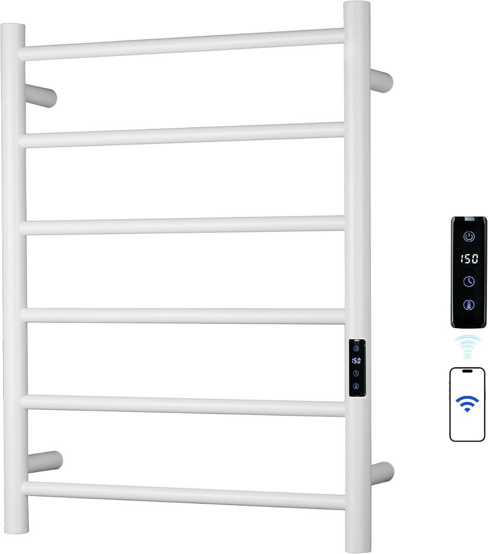 Electric Towel Rack with Voice Control for Alexa & Google Home,TUYA-Wall-Mounted Bathroom Heating Towel Warmer,Plug-in,26.77x20.47x4.39in,Stainless Steel Material,White,6 Bars