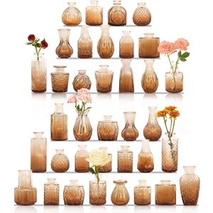 36Pcs Bud Vases Set Small Vintage Glass Bottles Bud Vases in Bulk Multiple Shape Cute Glass Vases for Rustic Wedding Centerpieces Table Decorations and Home Decor(Amber)