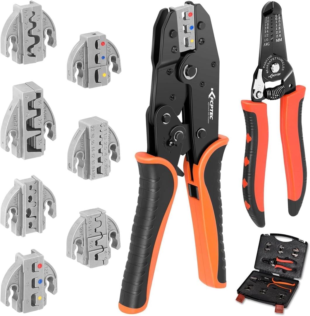 KF CPTEC Crimping Tool Set 9 PCS - Ratcheting Wire Crimper with Interchangeable Jaws for Heat Shrink, Open Barrel, Insulated & Non-Insulated Ferrules, Solar Connectors
