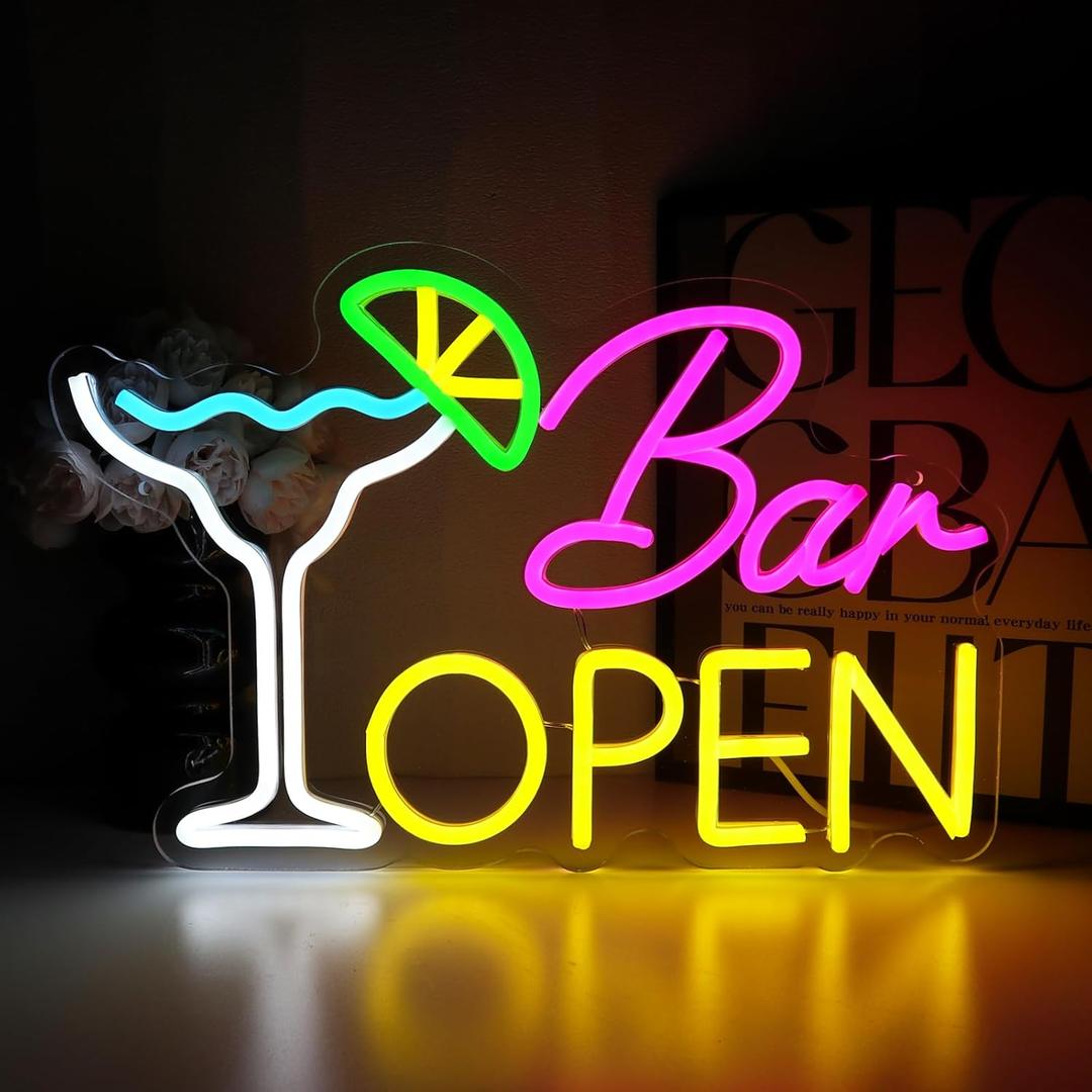 Bar Open Sign for Business, Neon Open Sign, USB Dimmable Cocktails Neon Lights for Beer Bar Coffee Cafe Home Pub Man Cave Stores Hotel Party Window Wall Decor Restaurant