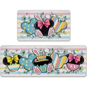 Easter Kitchen Rugs Set of 2, Bunny Ears Eucalyptus Leaves Butterfly Kitchen Mats Decor, Colorful Stripes Bow Floor Door Mat Home Decorations -17x29 and 17x47 Inch