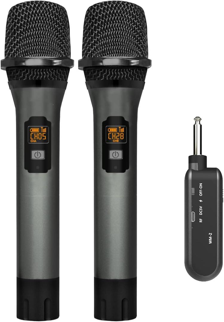 VeGue Wireless Microphone, UHF Cordless Dual Handheld Dynamic Mic Set with Rechargeable Receiver, for Karaoke Party, Voice Amplifier, PA System, Singing Machine, Church, Wedding, Meeting, 200ft (WM-2) (Black)