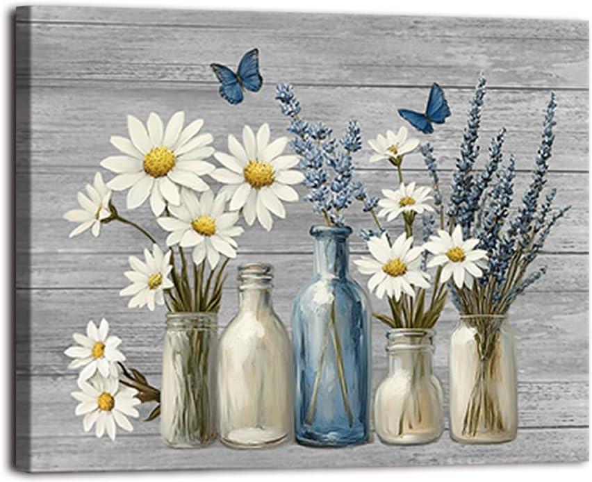 Daisy Flower Canvas Wall Art Navy Blue White Bathroom Decor Daisy Lavender Butterfly Prints Floral Picture Rustic Farmhouse Framed Artwork 16x20inch