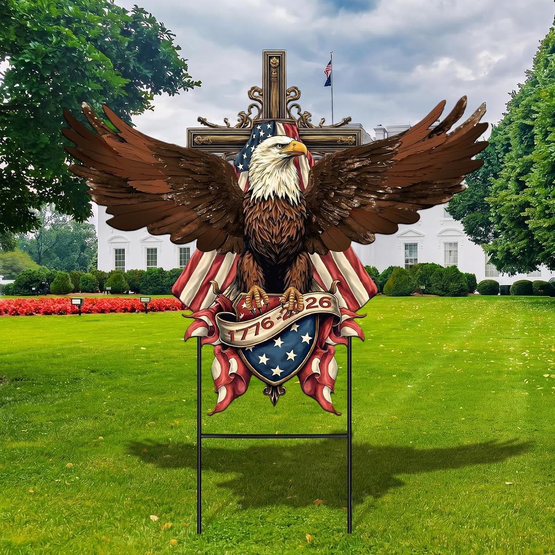 Amyhill 4th of July Outdoor Decor Patriotic Eagle Metal Garden Stakes 250th Anniversary 1976-2026 Decorative Red White Blue Yard Signs with Stakes for Independence Day America Garden Lawn Decorations