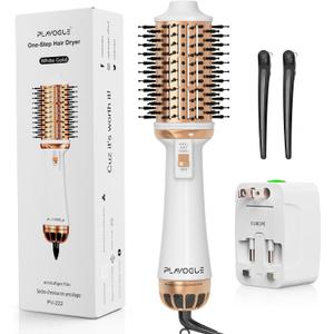 Plavogue Dual Voltage Blow Dryer Brush for European Travel,110V-240V Hot Air Brush with Volumizer, Negative Ionic Anti-Frizz - Styling Brush with Ceramic Coating for Long/Mid Hair Types, Oval Shape (White Gold)
