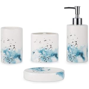 Ceramic 4-Piece Bathroom Accessories Set Complete Hand Paint Bath Countertop Accessory Soap Dispenser Set