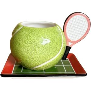 Ceramic Coffee Mug and Saucer set, 3D Handmade and Hand-painted Tennis and Tennis Court Design Tea Mug, 250ml(8.45oz)
