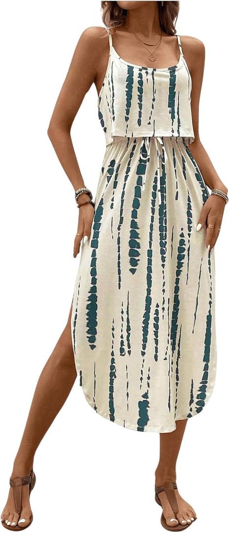 Women's Spaghetti Strap Tie Dye Cami Dress Scoop Neck Split Thigh Midi Dresses Knot Front Sun Dresses (Medium, Blue)