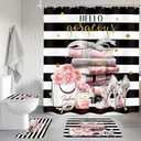 4Pcs Pink Black Girls Bathroom Sets with Shower Curtain and Rugs, Fashion Flower Perfume Toilet Lid Cover, Bath Mat, Women Girly White Striped High Heels Books Shower Curtain with 12 Hooks