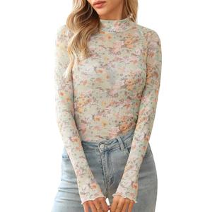 Ugerlov Womens Lace Long Sleeve Mesh Top Floral Mock Neck See Through Going Out Top with Thumb Hole Party Outfits Shirts (S)