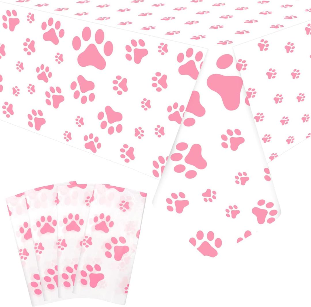 KEFAN 4 Pack Puppy Dog Pet Paw Print Plastic Tablecloth Table Cover Pink Paw Birthday Party Decorations Dog Party Decorations