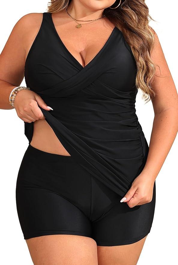 Aqua Eve Plus Size Tankini with Shorts Two Piece Swimsuits Tummy Control Bathing Suits for Women, 24 Plus 