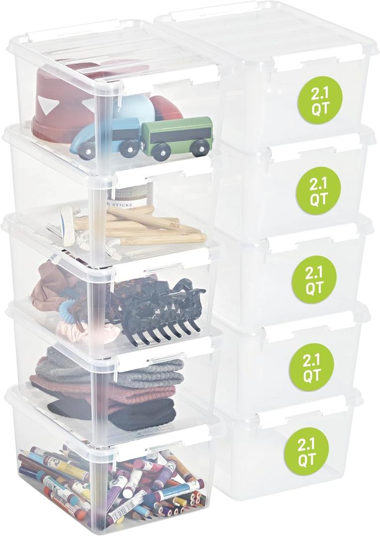 Classic 2 Clear Box Storage, 2L/2.1QT BPA-Free Stackable Container with Clip Lock Lid, Food Safe Plastic Bins for Organization, 10 Pack