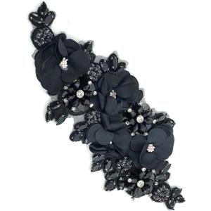 1pc Handmade Rhinestone Applique for Clothes, 3D Flower Fabric Patches for Wedding Dress, Bling Beaded Embroidery Lace Applique for Hat Hairband Sewing Embellishment (Black)