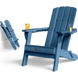 Folding Adirondack Chair with Wood Texture, HDPE All-Weather Fire Pit Chairs, Plastic Adirondack Chairs with 2 Cup Holder, Outdoor Lawn Chair for Patio Garden (Navy Blue)