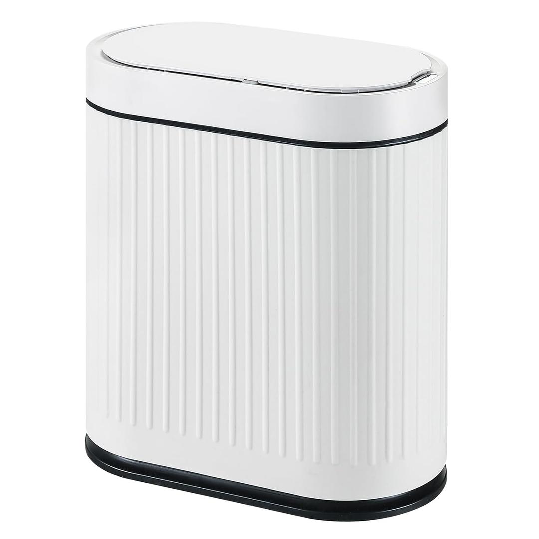 ELPHECO Bathroom Can with Lid 2 Gallon Motion Sensor Garbage Can 7.5 Liter Small can Touchless Bathroom Decor Waterproof Smart Waste Bin with Stripes for Bedroom, Office (White-Black)