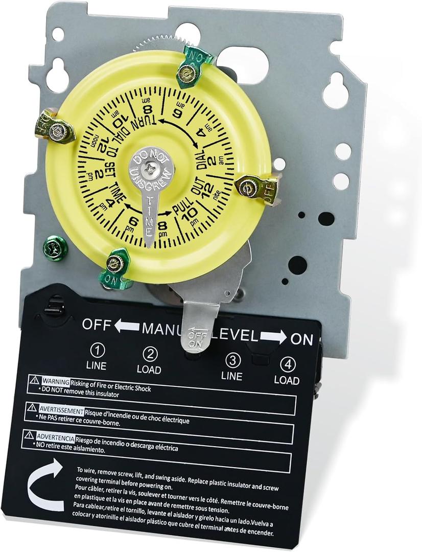 T104M Mechanical Time Switch 208-277 VAC 5HP 40A DPST Manual Override Heavy Duty Electromechanical Outdoor/Indoor Timer 24 Hours Up to 12 ON/Off 1-12 Cycles Per Day for Pool Pump Water Heater Lighting