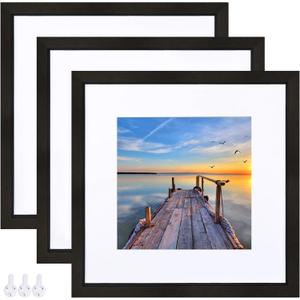 12x12 Black Picture Frame set of 3, Made of Glass and Wooden Square Photo frame - Displays Picture 8x8 With Mat or 12 x 12 Without Mat, Desktop & Wall Collage Photo Frame
