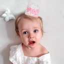 First Birthday Crown for Baby Girl, Pink and White Glitter Crown with Bow, Party Headband