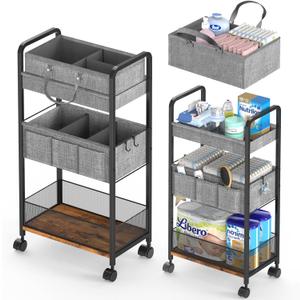 LIDTOP 2In1 Baby Diaper Caddy & 3-Tier Rolling Diaper Cart, Diaper Caddy Organizer Cart with Dividers, Mobile Metal Utility Cart for Nursery Essentials, Detachable Bedside Cart, Large Capacity (Black)