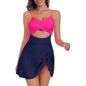 ZAFUL Women One Piece Swimdress Tummy Control Bathing Suit Push Up Swimsuit Modest Swimwear Cutout V Neck Cute Tie Knot Skirt, L
