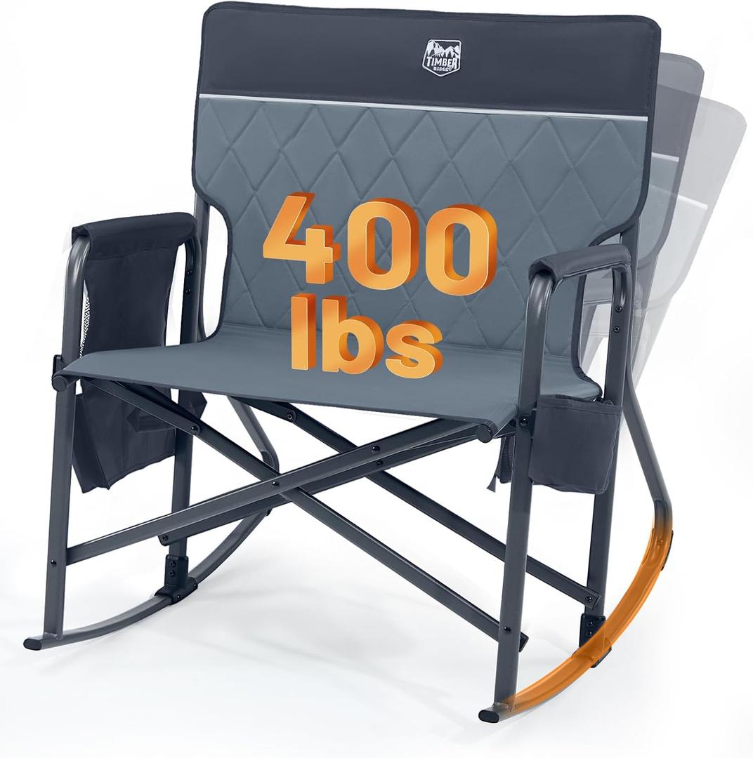 Timber Ridge Folding Oversized Rocking Camping Chair, 400lbs Capacity Portable Outdoor Rocker with Hard Armrests, Cup Holder & Side Pocket, Quick-Fold Design for Outdoor, Patio, Lawn (Grey)