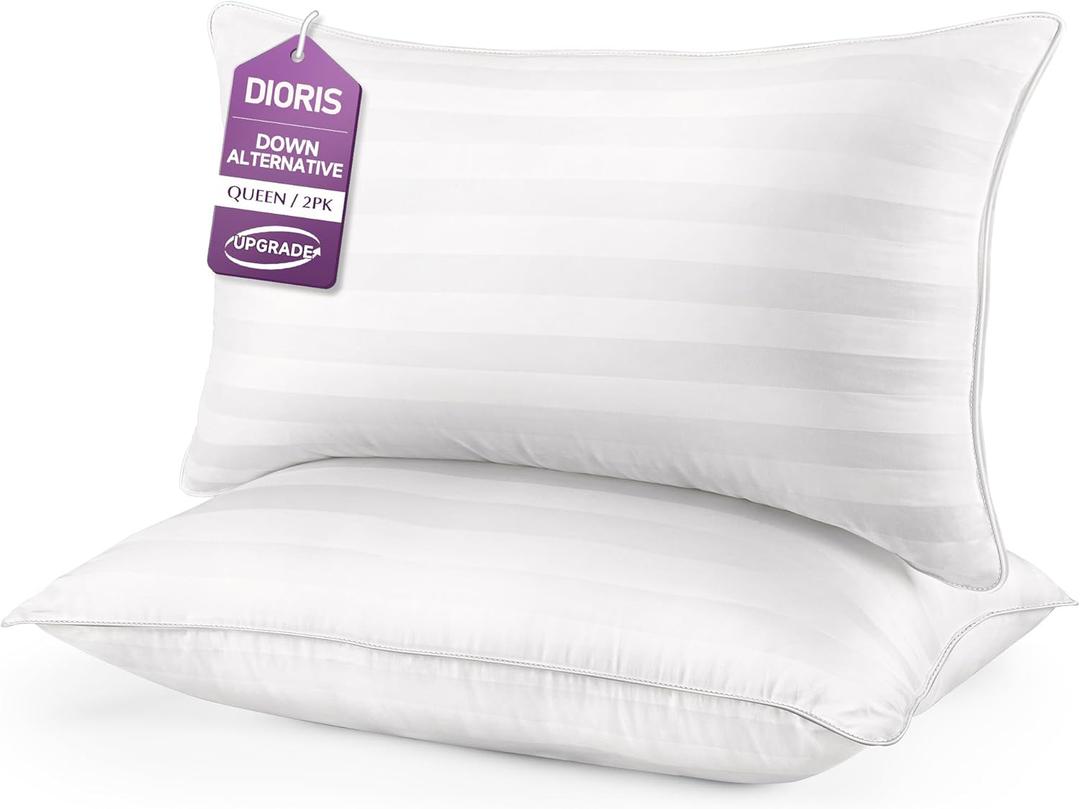 DIORIS Pillows Queen Size Set of 2 - Luxury Hotel Bed Pillows for Sleeping, Supportive Side Sleeper Pillow for Neck and Shoulder Pain Relief, Down Alternative Fill for Back, Stomach Sleepers
