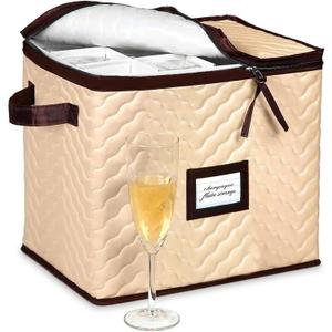 Wine Glass Storage Box with Dividers - Stemware Storage Case, Durable Quilted Microfiber Bin with Carry Handles, Protects Fine China - (1 Pack, Champagne Flute)