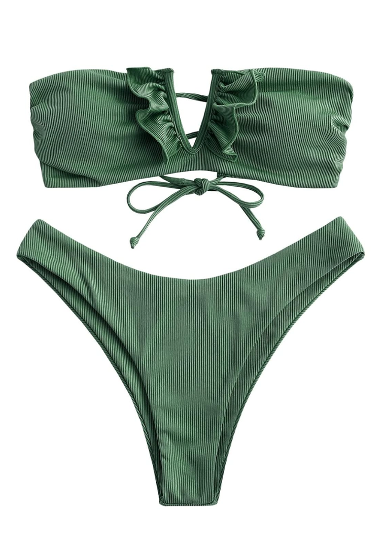ZAFUL Women's Strapless Ribbed V Wired Lace Up Ruffle Tie High Cut Bandeau Swimsuits Bikini Set S